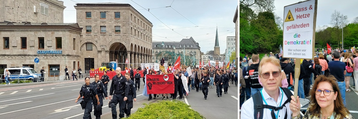 Links ein Foto von der Spitze des Demonstrationszuges in Richtung zum Haupteingang der Stadthalle, rechts ein Foto von mir und meiner Frau mit dem Schild "Hass und Hetze gefährden die Demokratie. War schon vor 100 Jahren so."