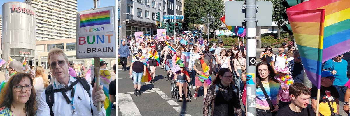 Links meine Frau und ich mit einem Schild mit Regenbogenflagge und Spruch "Lieber bunt als braun", rechts ein Ausschnitt aus dem Demonstrationszug