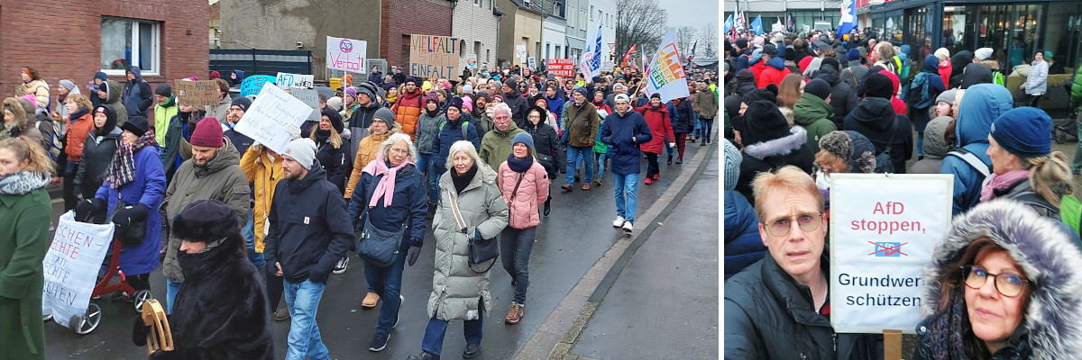 Links ein Bild aus der Mitte des Demonstrationszuges, rechts ein Bild von meiner Frau und mir vor dem Start der Demonstration