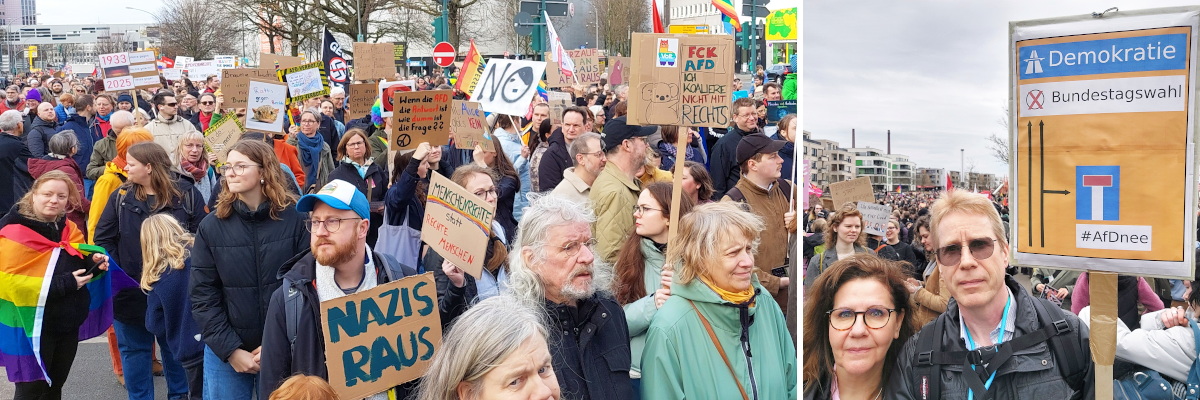 Links ein Ausschnitt aus dem Demonstrationszug, rechts meine Frau und ich mit einem nachgebildeten Vorwegweiser-Verkehrsschild, geradeaus Bundestagswahl und Demokratie, rechts Sackgasse und AfD