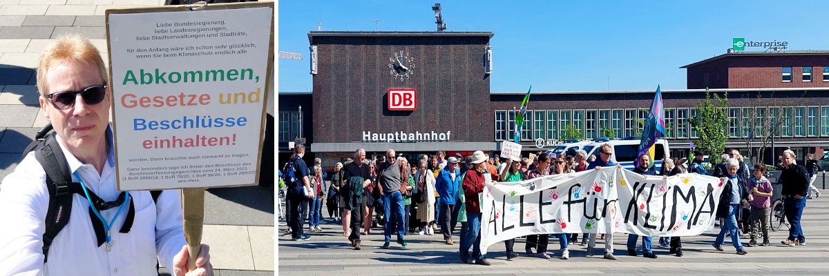 Links ein Bild von mir mit meinem Schild ("Abkommen, Gesetze und Beschlüsse einhalten!"), rechts die Spitze des Demonstrationszuges beim Beginn vor dem Hauptbahnhof