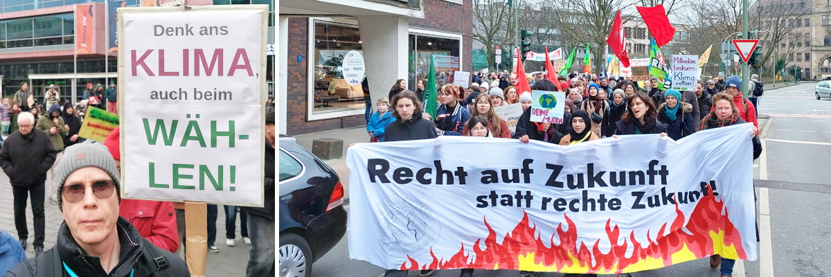Links bin ich mit meinem Schild abgebildet ("Denk ans Klima, auch beim Wählen!"), rechts die Spitze des Demonstrationszuges
