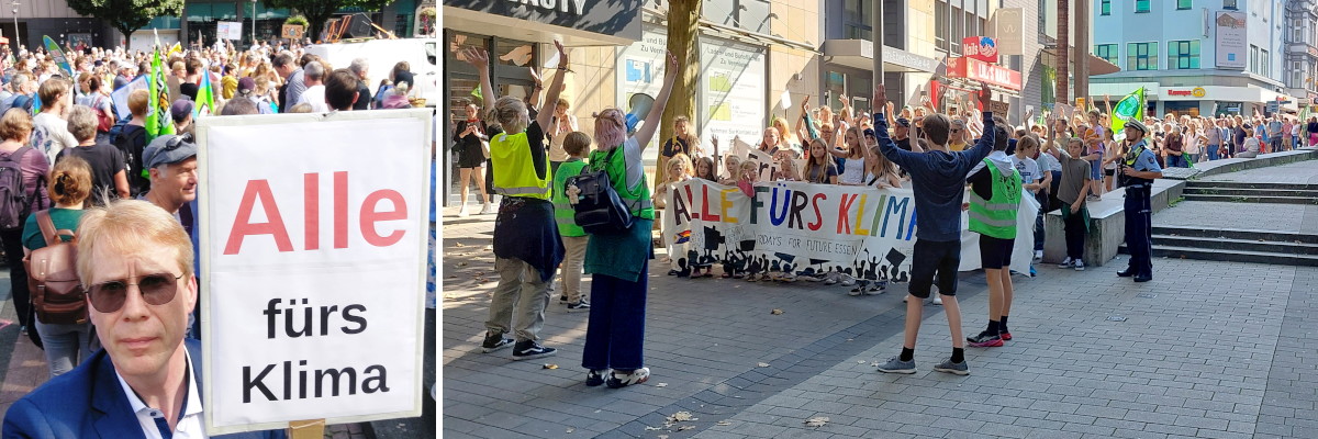 Links stehe ich vor der Menge, rechts ist die Spitze des Demonstrationszuges zu sehen.