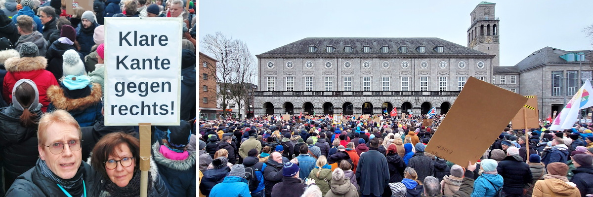 Links ein Bild von meiner Frau und mir vor dem Start der Demonstration, rechts die Abschlusskundgebung vor dem Rathaus